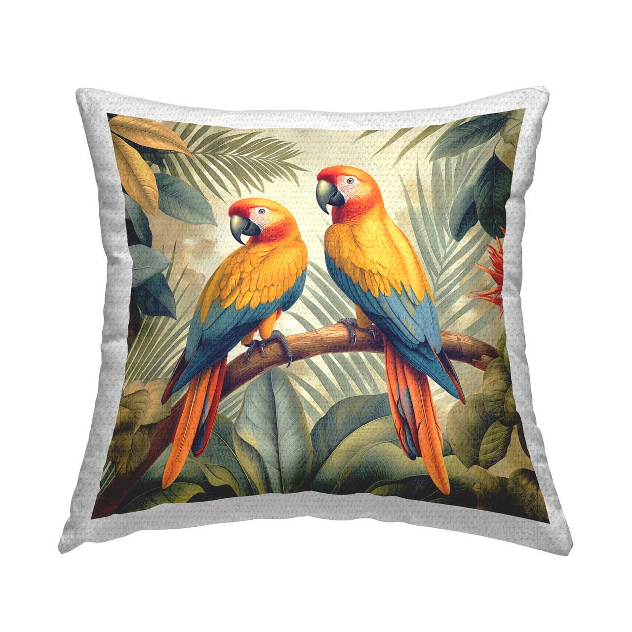 Parrot Duo on Branch Outdoor Printed Pillow Design by Steve Hunziker, 18 x 7 x 18
